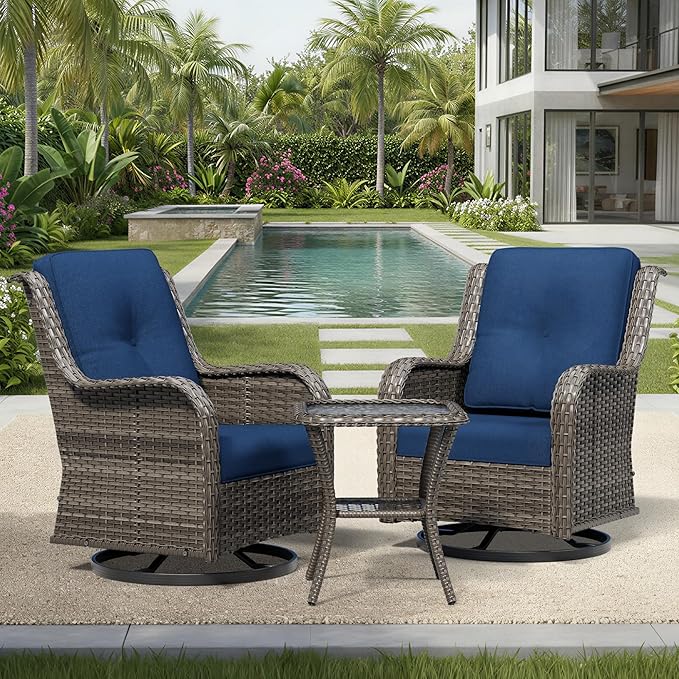 Joyside 3 Piece Wicker Patio Furniture Set, Outdoor Swivel Rocker Patio Chairs with High Back, Deep Seating, Wide Armrest, Thickened Cushions, Outdoor Furniture for Deck, Porch Use