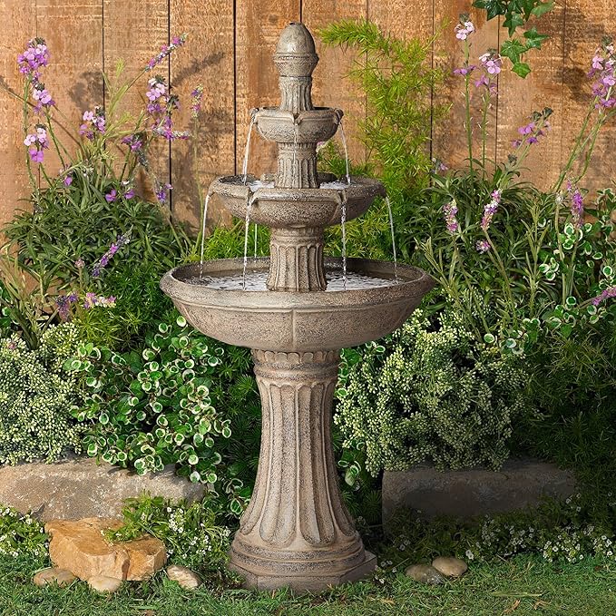 Farron 46" High Large Italian Outdoor Decor Gray Faux Stone Floor Fountain with Light LED Waterfall 3-Tier Standing Basin Water Feature for Outside Garden Patio Yard Backyard Porch - John Timberland