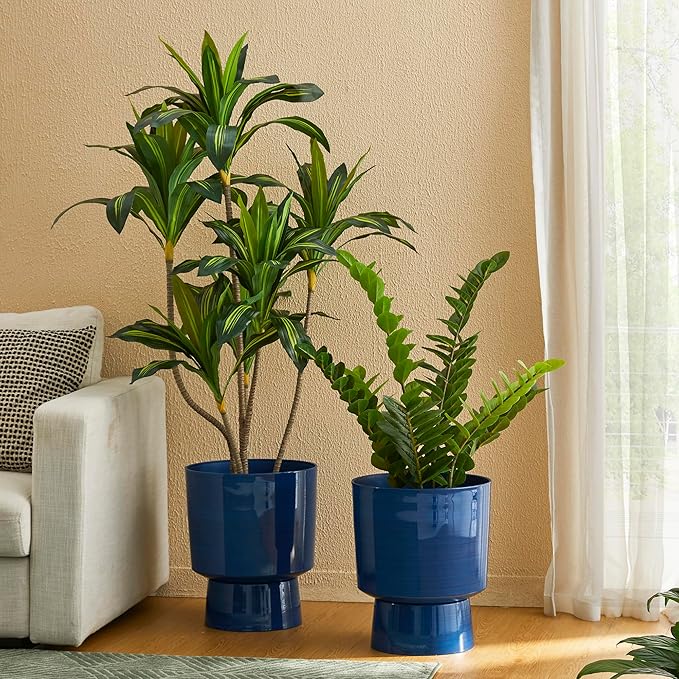 Glitzhome Set of 2 Plastic Planters, 16.75" H Faux Ceramic Eco-Friendly Outdoor Indoor Plant Pots, Lightweight Flower Container Decor with Easy Knock-Out Drainage Hole for Patio Balcony, Cobalt Blue