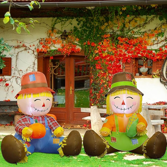 Lulu Home 3.3FT Fall Inflatable Decoration, Set of 2 Air Blown Scarecrow Couples with Built-in LED Lights for Harvest Indoor Outdoor Front Door Yard Lawn Garden Thanksgiving Decor