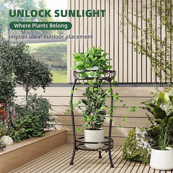 Simple Trending Plant Stand for Indoor Outdoor Use, 2-Tier 26.77” Metal Round Plant Shelf with Waterproof, Rustproof Flower Pot Holder for Garden, Balcony, Patio, Black