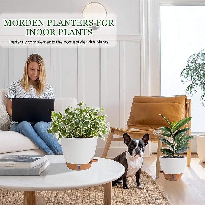 Fielda Self Watering Pots for Inoor Ourdoor Plants 10/9/8/7/6.5 Inch Plastic Planters with Drainage Holes & Water Level Indicator, Decorative House Flower Nursery Planting Pots with Saucers ((White)