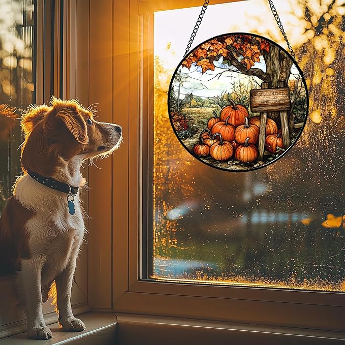 DASTOLL Stained Glass Window Hanging Fall Farm Scenery Maple Trees Pumpkin 7.8" - Suncatcher Door Garden Kitchen Sun Catcher Autumn Decor Birthday for Mom Nana Men Woman Friend