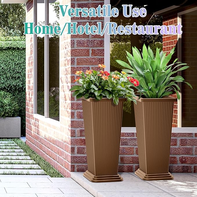 TUYOHW 24 Inch Tall Tapered Square Planters (Set of 2) - Indoor Outdoor Large Flower Pots with Built-in Drainage & Matching Water Tray for Patio, Garden, Home - Brown