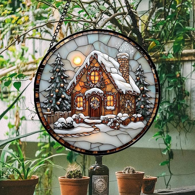 AMDERVEN Stained Glass Window Hanging - Christmas Tree Cottage Sun Catcher for Door Garden Home Winter Decor Snowy Night Suncatcher Mother's Day Birthday Gifts for Women Men Mom Nana 9.8 in