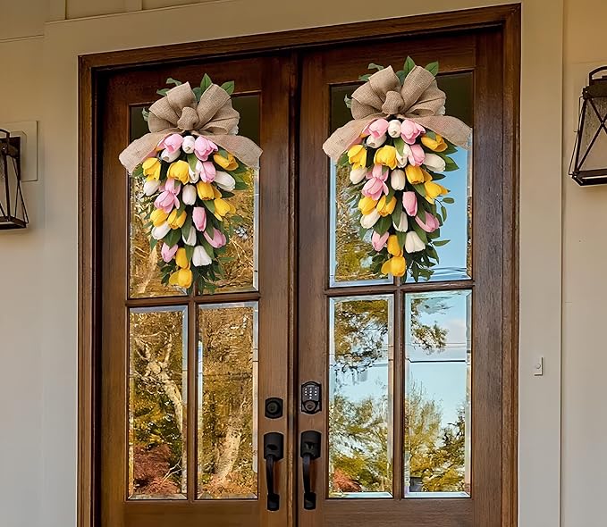 26" Artificial Tulips Teardrop Swag with Burlap Bow, Handmade Spring Easter Teardrop Wreath for Front Door & Porch Wall, Spring Easter Decor Decorative Swag