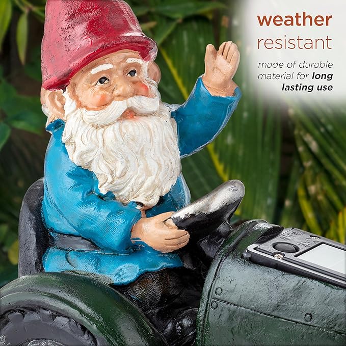 Alpine Corporation WQA1378SLR-GN Outdoor Garden Gnome Riding Green Tractor Solar Yard Statue Decoration with LED Lights, 10"