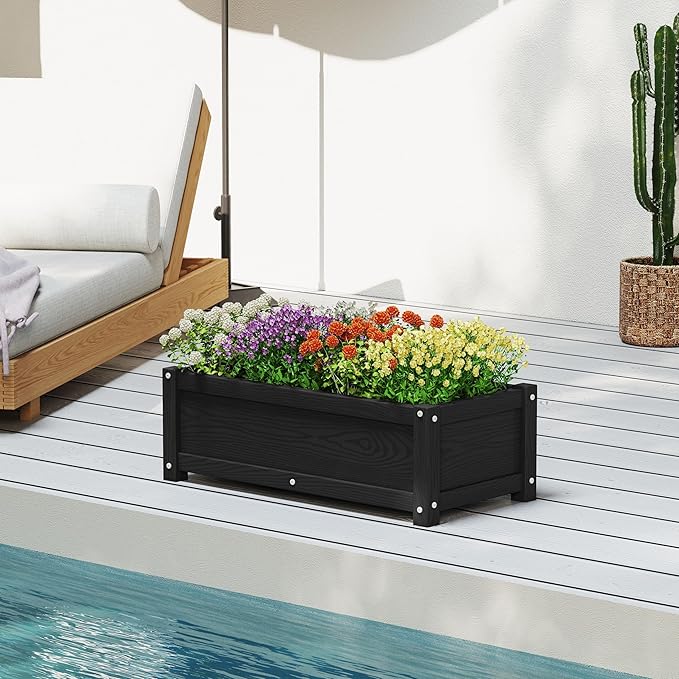 HDPE Planter Box, All-Weather Outdoor Garden Bed Easy to Assemble, Drainage System, Low Maintenance, Non-Fading, for Flower/Herb/Seed (Black)