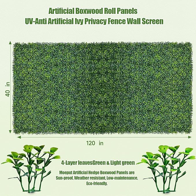 Moeput Artificial Boxwood Roll,120x40 in (34 sqft) UV-Anti Faux Ivy Boxwood Hedge Leaf Grass Wall for Patio Balcony Privacy, Garden, Backyard Greenery Wall Backdrop and Fence Decor