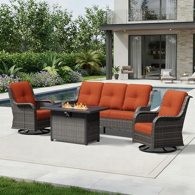 Joyside 5 Piece Wicker Patio Furniture Set with Fire Pit Table, Outdoor Swivel Rocker Patio Chairs with High Back, Deep Seating, Wide Armrest, Thickened Cushions, Outdoor Furniture for Deck, Porch Use