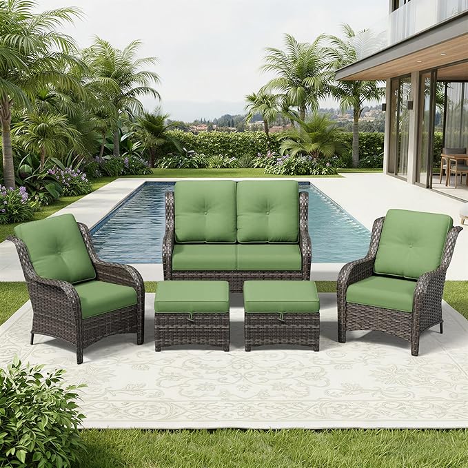 Joyside 5 Piece Wicker Patio Furniture Set, Rattan Patio Chairs with High Back, Deep Seating, Wide Armrest, Thickened Cushions, Outdoor Furniture for Deck, Porch Use
