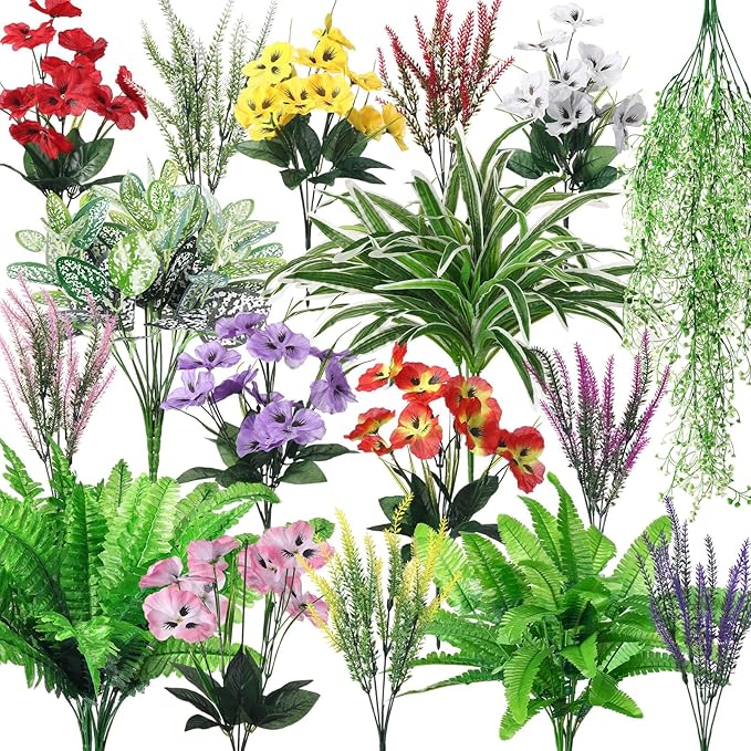 24 Pcs Outdoor Artificial Plants UV Resistant Faux Plant Fake Greenery Stems Faux Shrubs Flower for Outside Hanging Front Porch Patio Garden Window Box Home Wedding Summer Spring Decor(Mix Color)