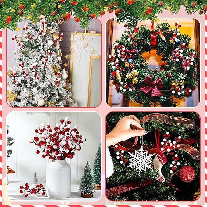 24 Pcs Christmas Glitter Berries Stems, 8.8" H Artificial Christmas Picks for Christmas Tree Ornaments, Holiday Wreath DIY Crafts, Xmas and Home Decor(Red, White)