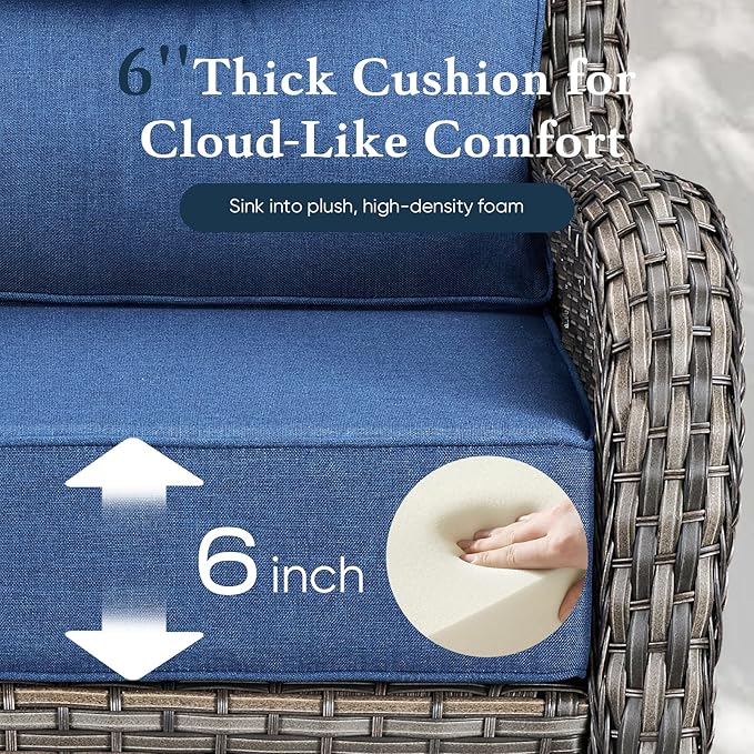 Belord Luxury 6" Thick Cushioned 10 Pieces Patio Furniture Set with Fire Pit Table, Wicker Outdoor Conversation Set with High Back Swivel Rocker Chairs for Deck Porch Yard and Poolside - Grey+Blue