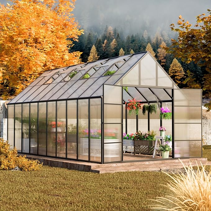 10x20 FT Greenhouse for Outdoor, Large Easy Assembly Heavy Duty Polycarbonate Panels Aluminum Frame Walk-in Green House with 3 Windows Wider Door for Garden Plants