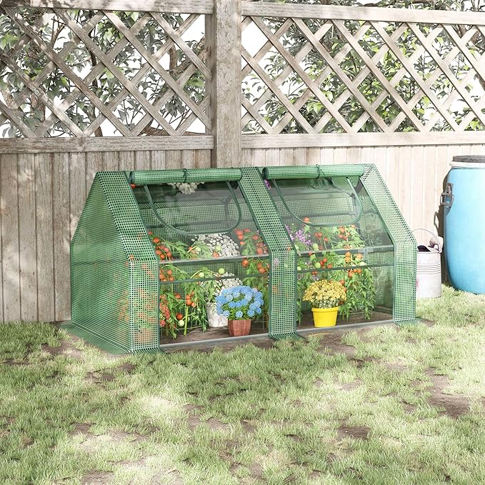 Outsunny 6' x 3' x 3' Portable Greenhouse, Garden Green House with 2 PE/Plastic Covers, Steel Frame and 2 Roll Up Windows, Green