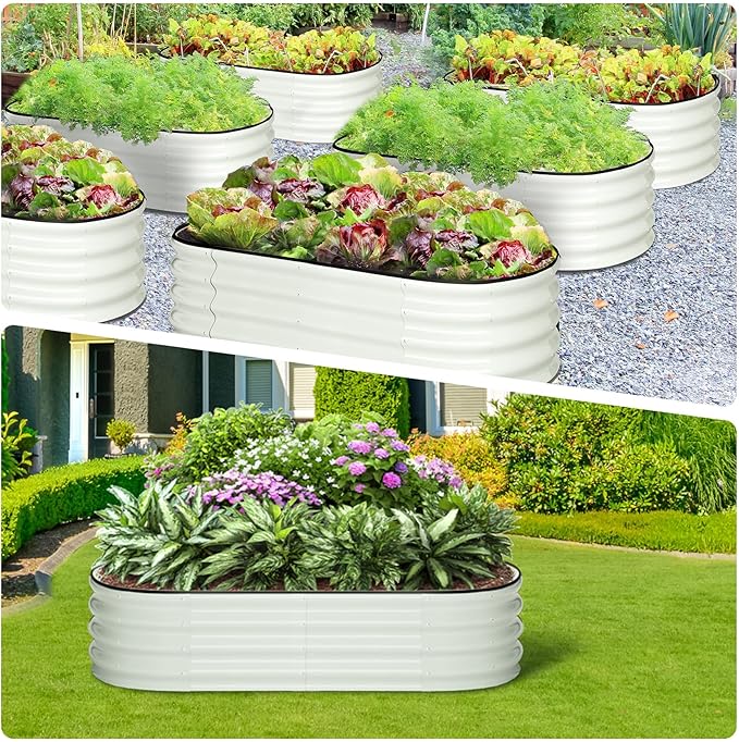 2 Pcs 4.5x2x1.5ft Oval Galvanized Raised Garden Beds, Metal Planter Boxes with Open Base, Tool-Free Assembly for Vegetables, Flowers, Herbs - Outdoor & Patio Use, White