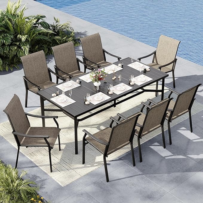 MFSTUDIO 9 PCS Patio Dining Set with Large Retangular Heavy Duty Metal Slate Table with 8 Sling Dining Chair (Grey)