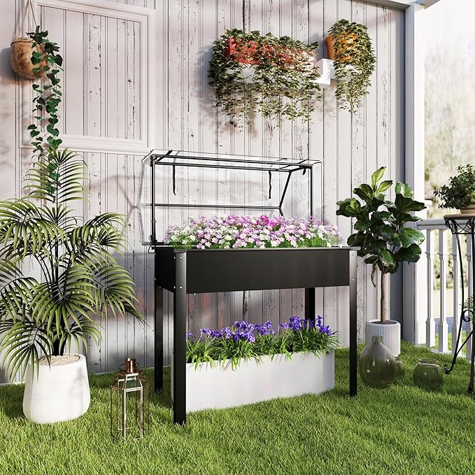 Outsunny Raised Garden Bed with Flip-Up Greenhouse Cover, Elevated Planter Box with Legs and Drainage Hole for Vegetables Flowers Herbs, 39.4" x 18.9" x 48.8", Black