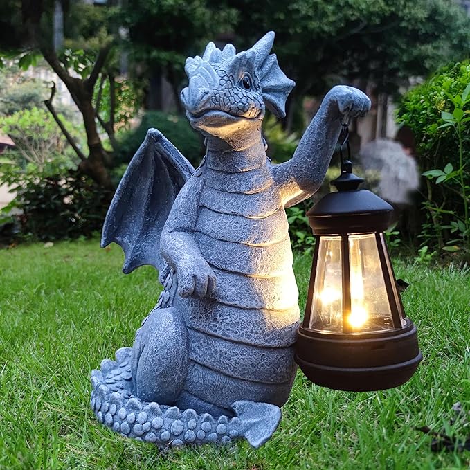Qobumy Solar Dragon Garden Statue Decoration with Solar Lantern,Dragon Figurine Lights Outdoor Décor for Yard，Lawn ,Patio, Balcony, Unique Housewarming Ornament