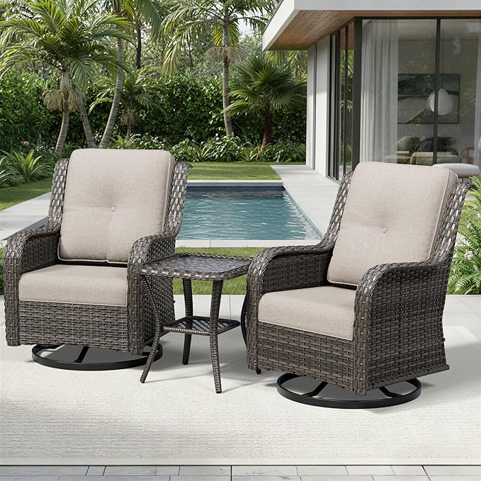 Joyside 3 Piece Wicker Patio Furniture Set, Outdoor Swivel Rocker Patio Chairs with High Back, Deep Seating, Wide Armrest, Thickened Cushions, Outdoor Furniture for Deck, Porch Use