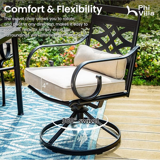 PHI VILLA 7 Pcs Patio Dining Sets,Outdoor Table Chair Set for 6 with Outdoor Swivel Chairs and Metal Frame Steel Rectangular Table,Outdoor Dining Furniture with Cushion and Pillow for Garden Lawn Deck