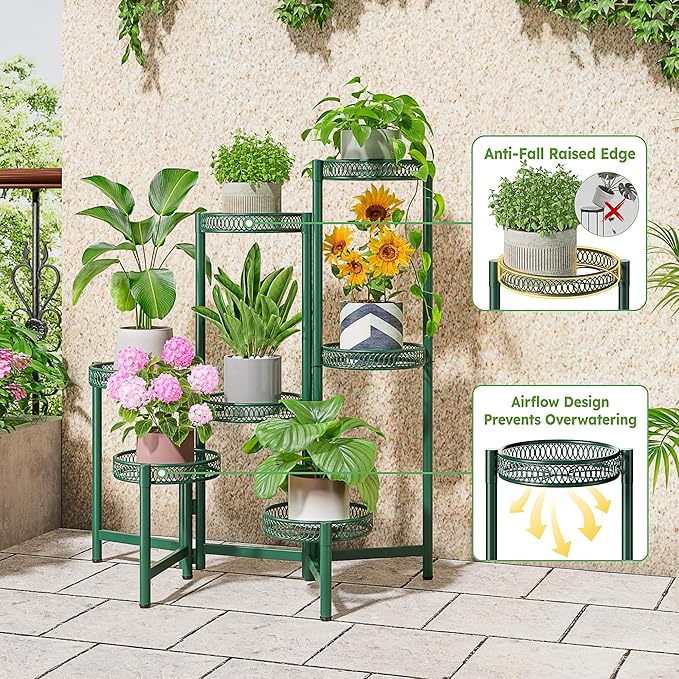 NQW 7 Tier Metal Corner Plant Stand Indoor Outdoor, Folding Tall Plant Rack, Heavy Duty Wrought Iron Flower Pot Stand, Planter Display Rack for Living Room Balcony Garden Patio - GreenFlower