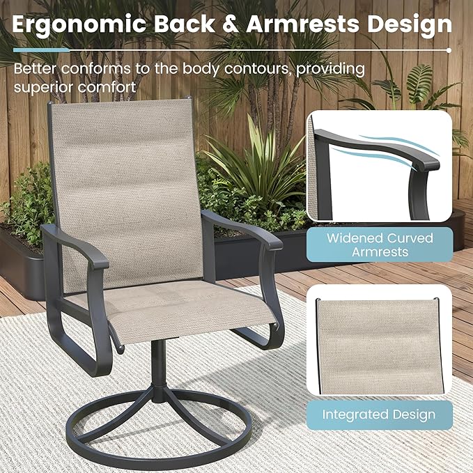 Patio Swivel Chairs Set of 2, Outdoor Dining Chairs with High Back, 360° Swivel Rocker Chair in All-Weather Padded Textilene & Metal Frame for Garden, Porch, Backyard, Balcony(Padded Beige)