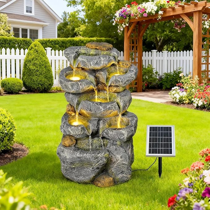 Solar Water Fountain Outdoor Garden, 24" H Cascading Stone Design 5 Tier Rock Feature Outdoor Fountains Waterfalls with Light, Pump Solar Panel for Patio, Deck, Porch, Backyard Home Décor