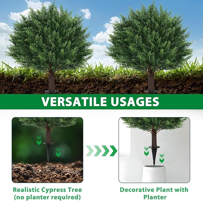 Grooy Artificial Cypress Topiary Tree with Ground Spike, Set of 2 Artificial Shrub Bushes, Fake Evergreen Tree for Porch, Artificial Plants for Outdoor Planters Indoor UV Resistant