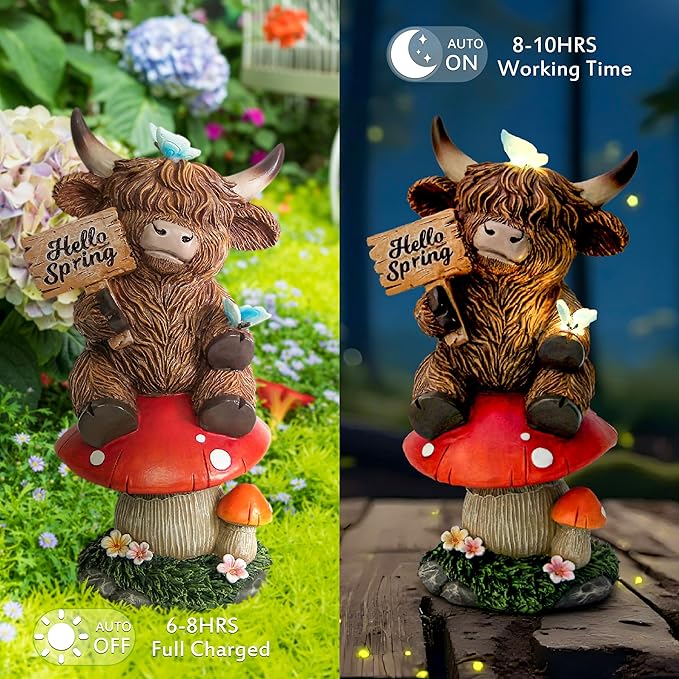 Highland Cow Garden Statue with Solar Butterfly Lights, Spring Outdoor Highland Cow on Mushroom Butterfly Decoration for Yard, Patio, Lawn, Cows Figurine Housewarming Gift for Women, Mom