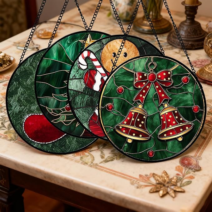 AMDERVEN Stained Glass Window Hanging 4 Pcs Set Red Christmas Stockings and Gingerbread Large 11.8" - Suncatcher Door Garden Sun Catcher Decor Birthday Mother's Day Xmas Gifts for Mom Woman Nana Men