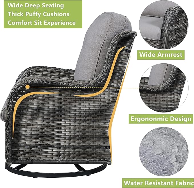 Rilyson Wicker Patio Furniture Set - 5 Piece Rattan Outdoor Sectional Conversation Sets with 2 Swivel Rocking Chairs,2 Ottomans and 1 Side Table for Porch Deck Garden(Mixed Grey/Grey)