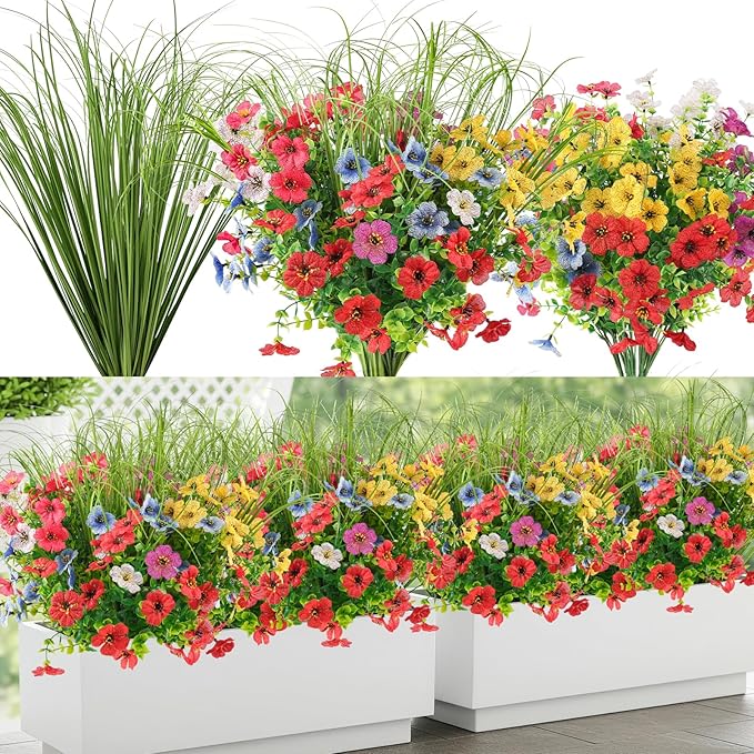 ATTGREAT Artificial Flowers Outdoors Faux Plants UV Resistant Spring Plastic Realistic Flowers Outside Fake Greenery Stems for Garden Porch Planters Hanging Decor, 12 Bundles