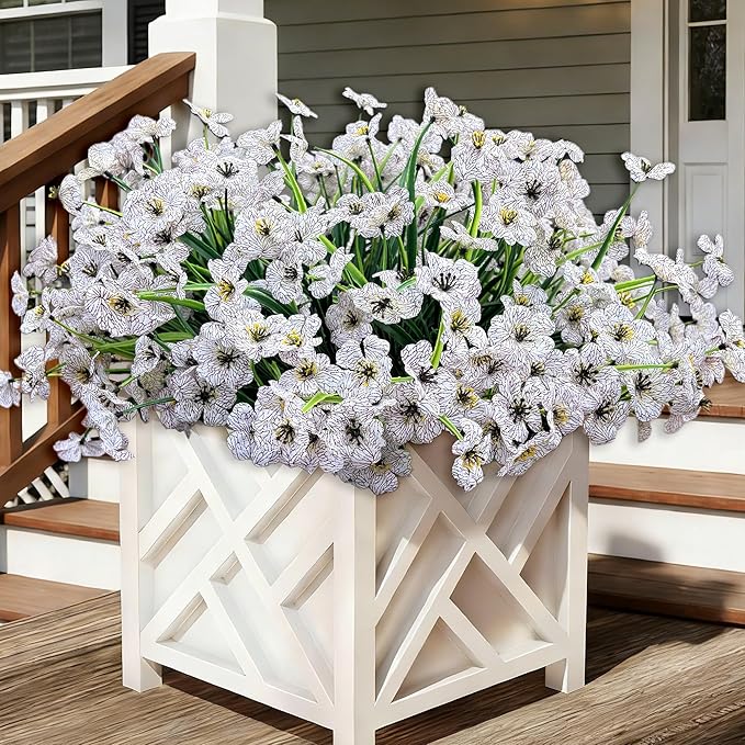 20 Bundles Artificial Flowers for Outdoors, UV Resistant Fake Flowers with Plastic Plants For Outside, Faux Silk Flowers for Planter outdoor, Fake Realistic Flower for Planters Window Box Decor-White