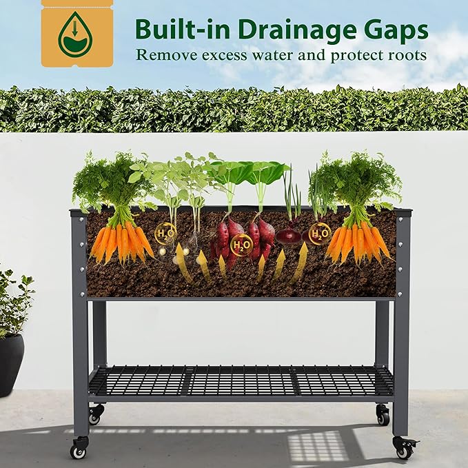 48" W x 24" D x 34" H Galvanized Raised Garden Bed with Lockable Wheels, Raised Garden Beds Outdoor with Drainage Gaps & Shelf, Planter Boxes Outdoor for Backyard, Patio, Balcony, Grey