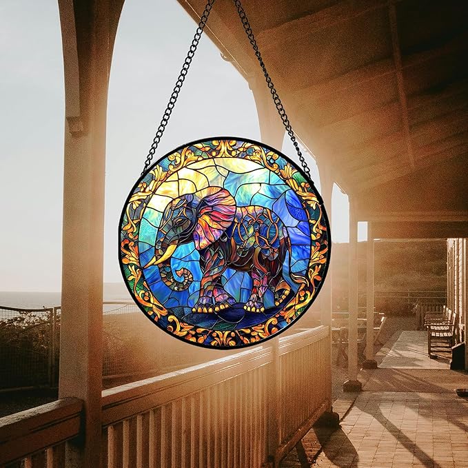 Stained Glass Window Hanging - Blue Elephant Suncatcher for Door Terrace Garden Home Decor, Yellow Retro Sun Catcher Birthday Gifts for Lovers Women Men Dad Mom Nana 6.3 in
