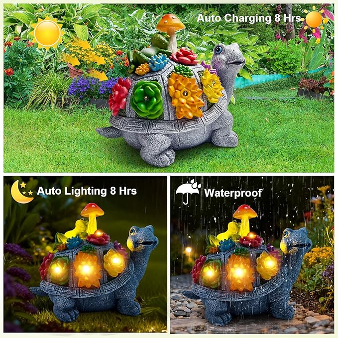 CNPOLOOK Solar Garden Outdoor Statues Turtle with Succulent and 9 LED Lights - Lawn Decor Tortoise Statue for Patio, Balcony, Yard Ornament - Unique Housewarming Gifts（8.5 Inch）