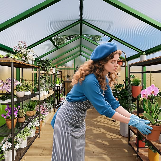 8 X 12 FT Greenhouse, Outdoor Greenhouses, Polycarbonate Panels with Aluminum Frame, Adjustable Roof Vent and Lockable Door, Green Houses for Outside Backyard, Garden, Patio