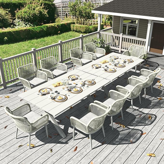 LayinSun Outdoor Dining Set for 10, 12 Pieces Patio Furniture Sets with Aluminum Dining Table and Rope Weave Chairs