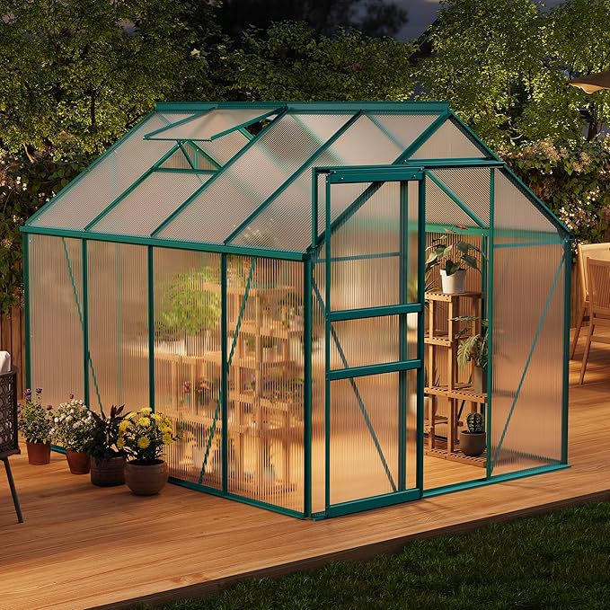 GAOMON 6 x 8 FT Polycarbonate Greenhouse - Winter Greenhouses for Outdoors, Aluminum Frame, Sliding Door, Adjustable Roof Vent, Backyard Green Houses, Green