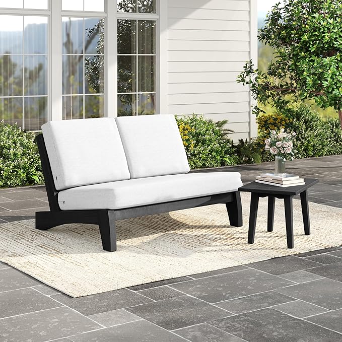 Patio Loveseat, Outdoor Wooden Bistro Set, All Weather Conversation Solid Wood Loveseat with Soft Cushions for Porch Balcony Deck Backyard