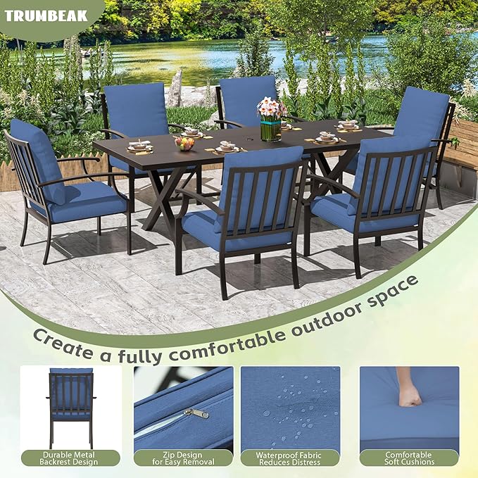 7-Piece Patio Dining Set Outdoor Conversation Set,Metal Outdoor Furniture Set with Umbrella Hole Cut-Out 78.7" x 35.4" Table and 6 Metal Backrest Chairs for Backyard,Garden,NavyBlue