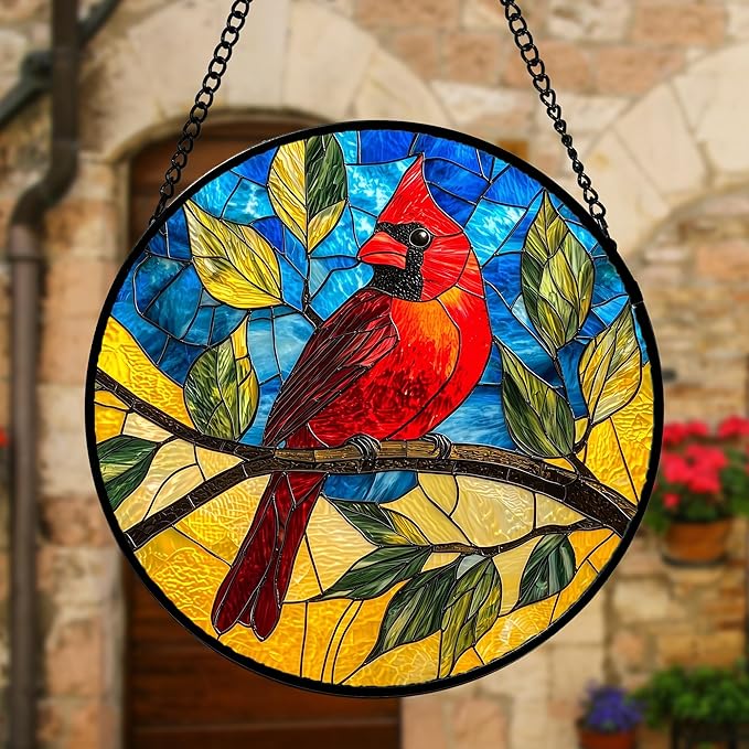 DASTOLL Stained Glass Window Hanging, Blue Sky Cardinal Sun Catchers Colorful Glass Panel Red Birds Suncatcher Decor for Birthday for Women, Men, Wife, Aunt, and Mom 11.8x11.8 in