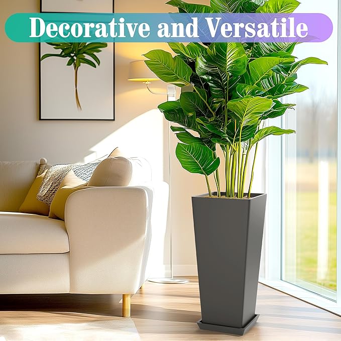 TUYOHW 24 Inch Tall Tapered Square Planters (Set of 2) - Indoor Outdoor Large Flower Pots with Built-in Drainage & Matching Water Tray for Patio, Garden, Home - Gray