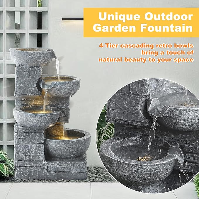 MAGIC UNION Outdoor Water Fountain, 4 Tiers Cascading Bowls Waterfall Indoor Fountain Garden Decor w/LED Lights, Outside Patio Resin Stacked Stones Fountains for Yard, Deck and Porch (Light Gray)