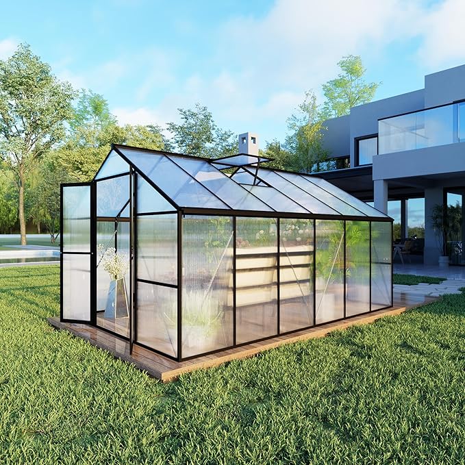 8X12 FT Polycarbonate Greenhouse, 6 FT Height Aluminum Large Green Houses for Outside Heavy Duty, Quick Setup Walk in Greenhouses with 2 Roof Vent and Rain Gutter for Outdoor, Black (143"Wx96"Dx77"H)