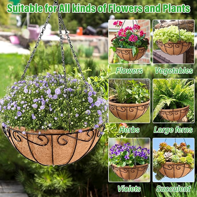 Legigo 6 Pack 10 Inch Metal Hanging Baskets for Plants Outdoor- Round Wire Hanging Planters Basket with Coconut Coir Liner, Hanging Flower Pot for Outdoor Plants Flowers Garden Decorations