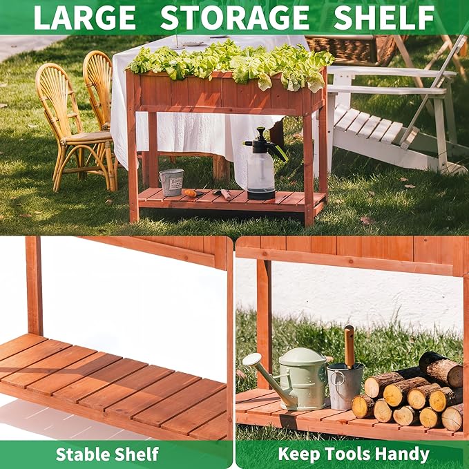 Premium Fir Wooden Raised Garden Bed with Four Legs for Backyard and Balcony Gardening,Suitable for Indoor and Outdoor use,Bottom with Storage Rack,35.04''×13''×29.92''