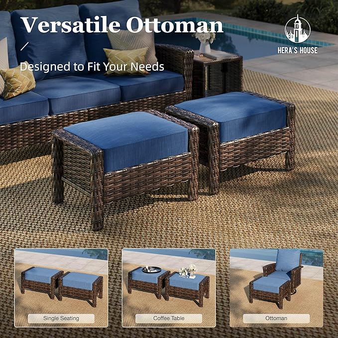 HERA'S HOUSE Patio Furniture Set, 5 Pieces Outdoor Seating Furniture, 35" High Back Swivel Chairs with 5.5" Thick Cushions, Brown Wicker Rattan Conversation Set with Ottomans for Deck Lawn Yard, Blue